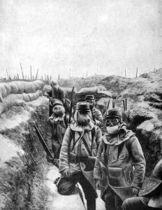 french soldiers in improvised gas masks, 1915. artist unknown
