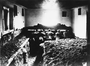 German soldiers in an indoor trench during World War I on the Western Front in France Date: 1914