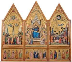 Giotto di Bondone e aiuti (Colle di Vespignano 1267 ca. - Firenze 1337), Trittico Stefaneschi, lato raffigurante la Crocefissione di San Pietro, Cristo in Trono e la Decapitazione di San Paolo e nella predella Madonna in trono con angeli e discepoli, tempera e oro su tavola con cornici dorate, 1320 ca., Musei Vaticani, Pinacoteca Vaticana, inv.40120